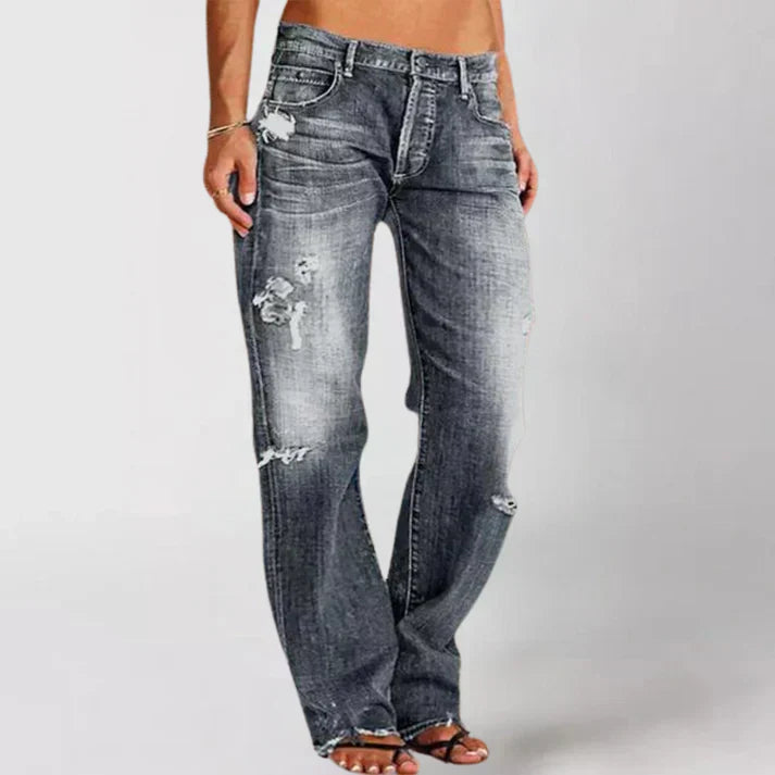 Women's relaxed fit mid-rise distressed denim jeans streetwear style with comfortable hip and thigh cut