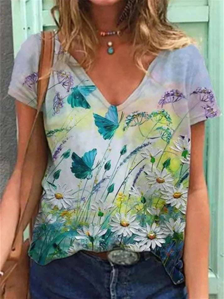 Artistic floral print V-neck t-shirt women flattering fit soft sustainable fabric casual style
