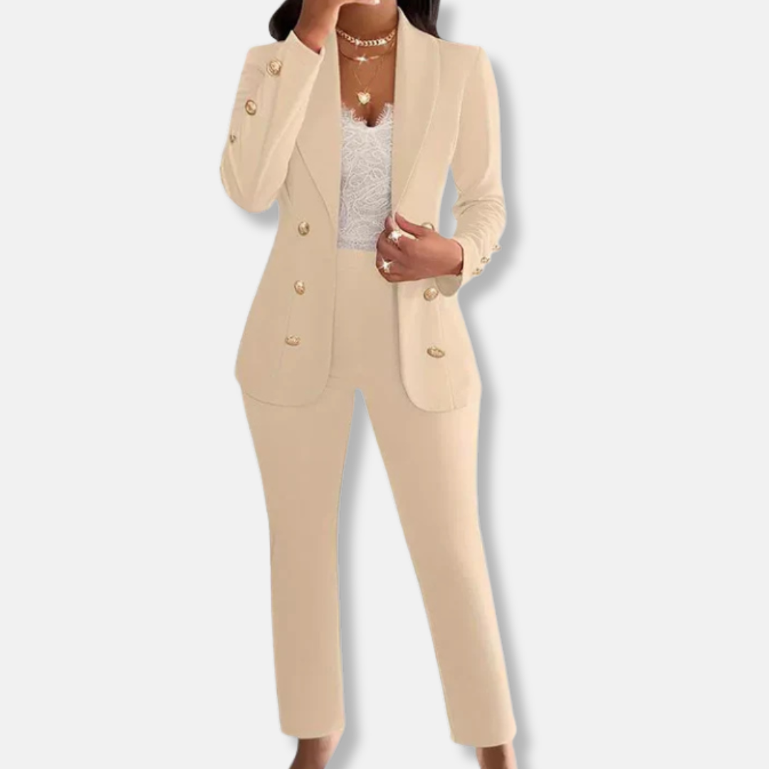 Women's slim-fit double-breasted blazer and straight-leg trousers two-piece set with shawl collar