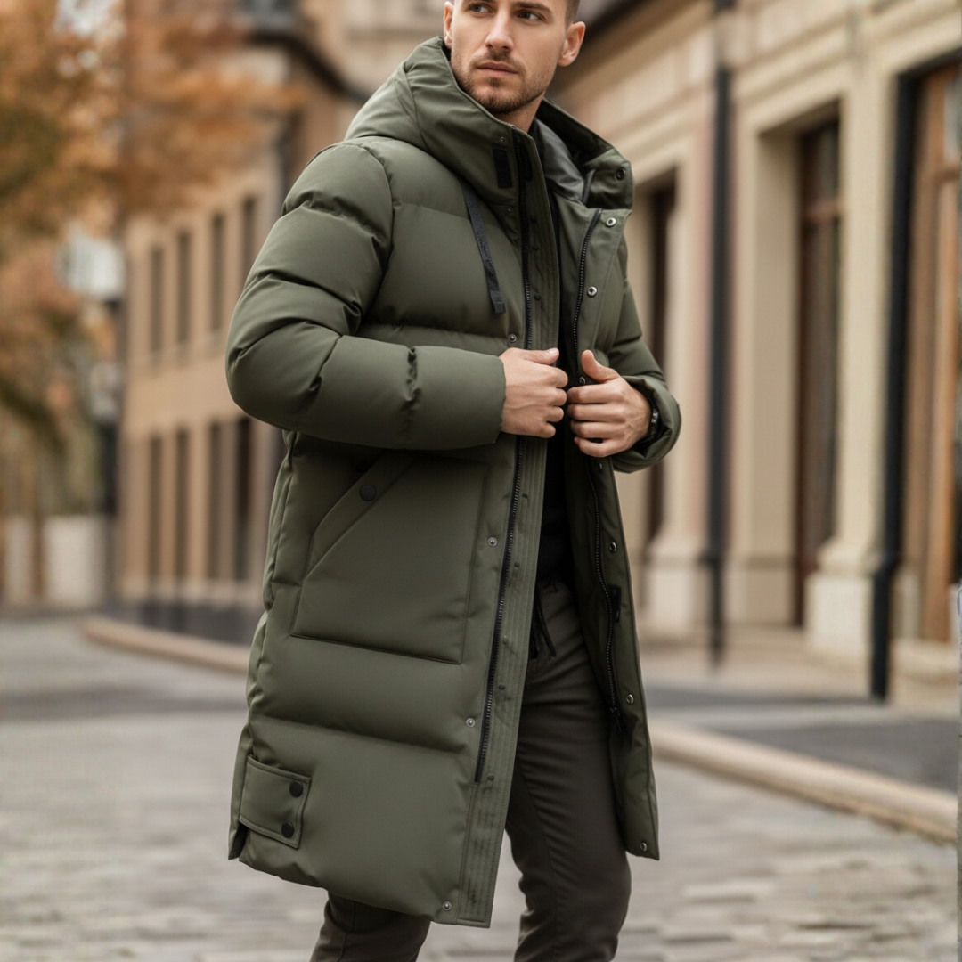 Men's long black padded down parka with fixed winter hood, ultra-warm insulated urban fit