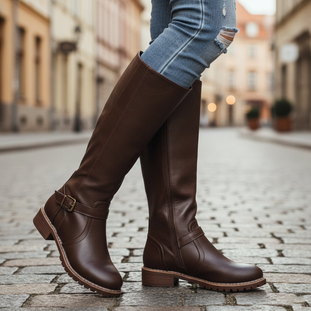 Women's black knee-high orthopedic boots in synthetic leather with side zipper and supportive insole