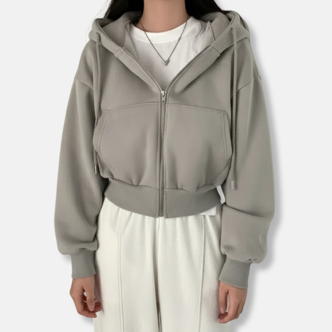 Women's oversized zip-up hoodie fleece-lined relaxed fit layering essential in neutral tone