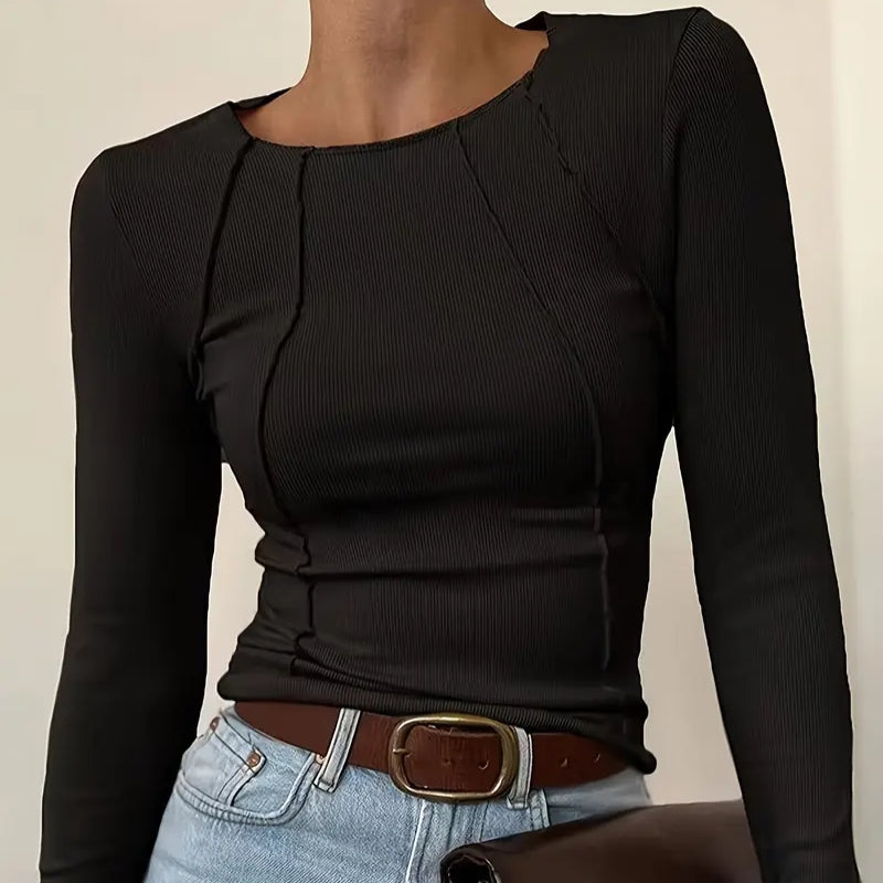 Women's slim seamless knit top with textured front panel in neutral tone, curved fit everyday layer