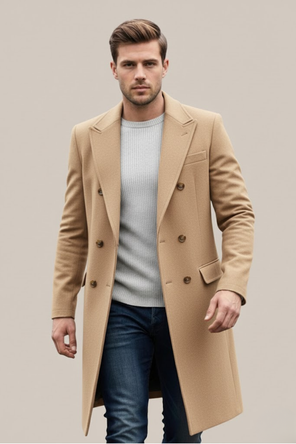 Men's dark double-breasted long coat tailored silhouette with structured lapels for formal wear