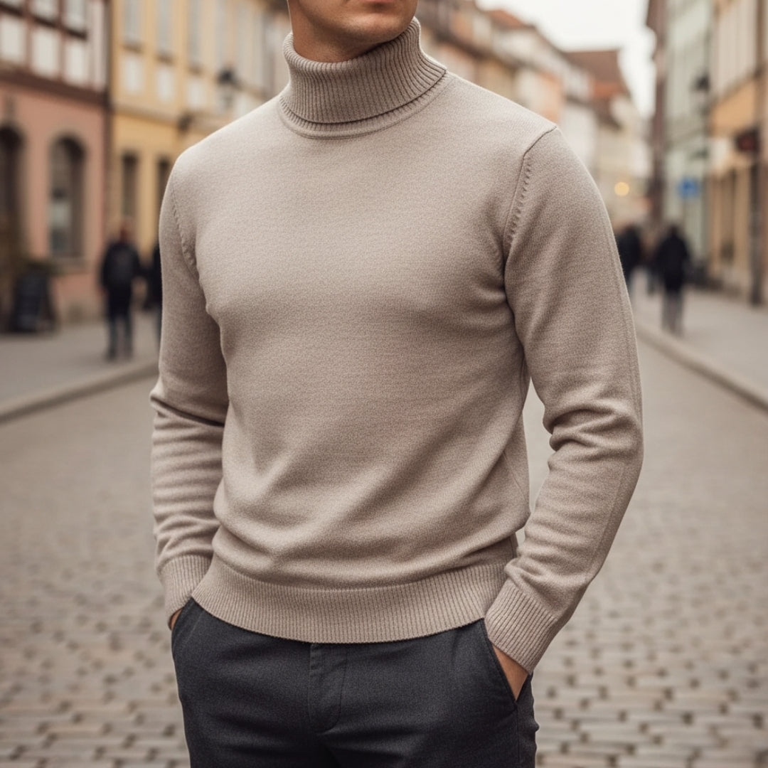 Men's collarless knitted cardigan neutral tone contrast stitching minimalist casual layering style