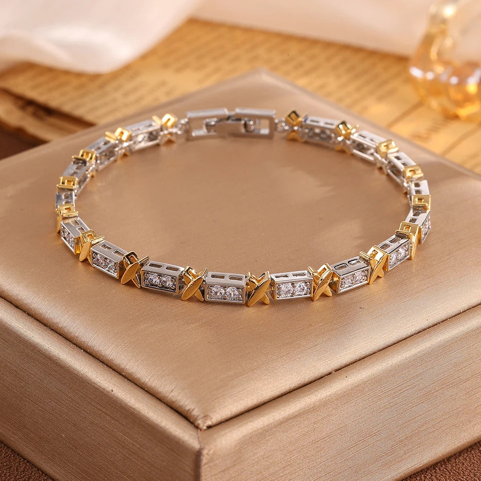 Unisex gold silver zircon bracelet bold X-link pavé cubic zirconia articulated flex fit