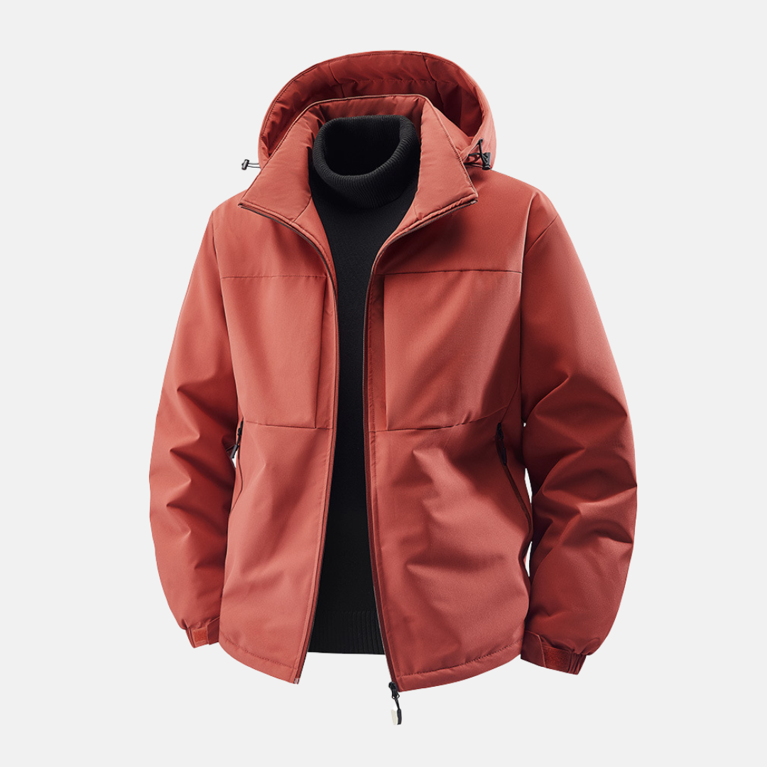 Men's gray hooded windproof jacket relaxed fit with zip front pockets Nordic-inspired style
