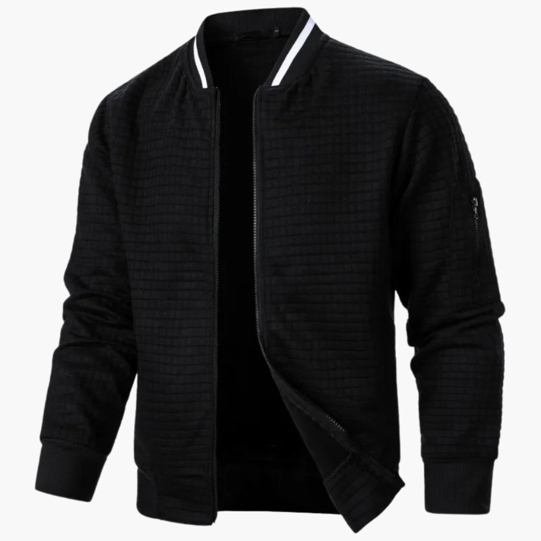 Men's slim-fit warm jacket in neutral tone, tailored outdoor style with cozy premium fabric