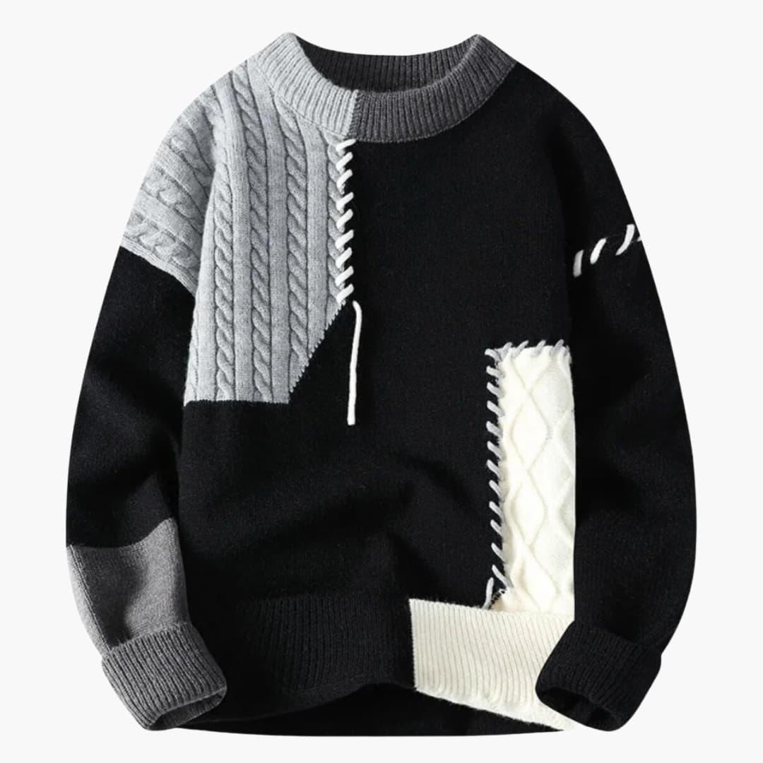 Men's multicolor patchwork knit sweater color-blocked cozy winter pullover with fashion-forward style