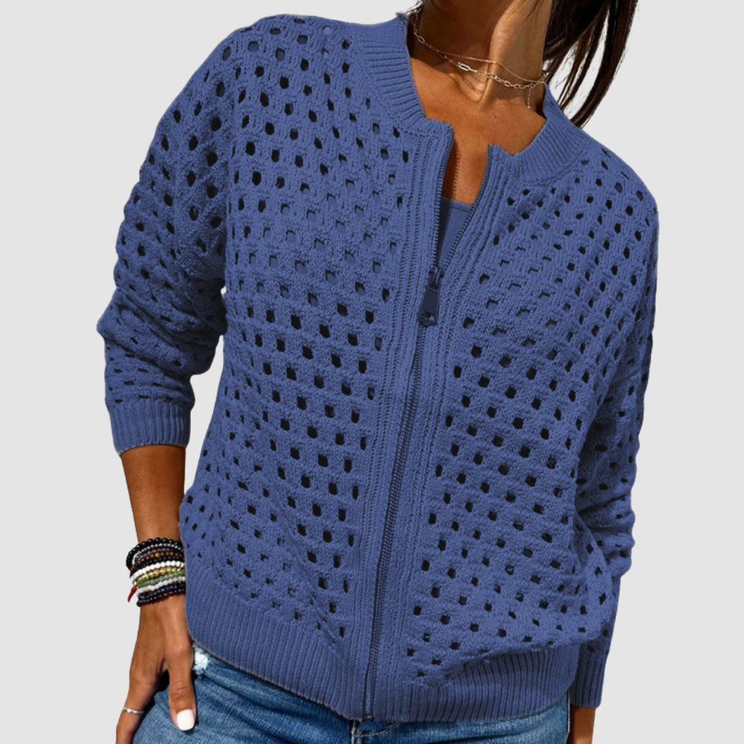 Women's zip-front knit cardigan with light openwork texture, relaxed silhouette for effortless layering