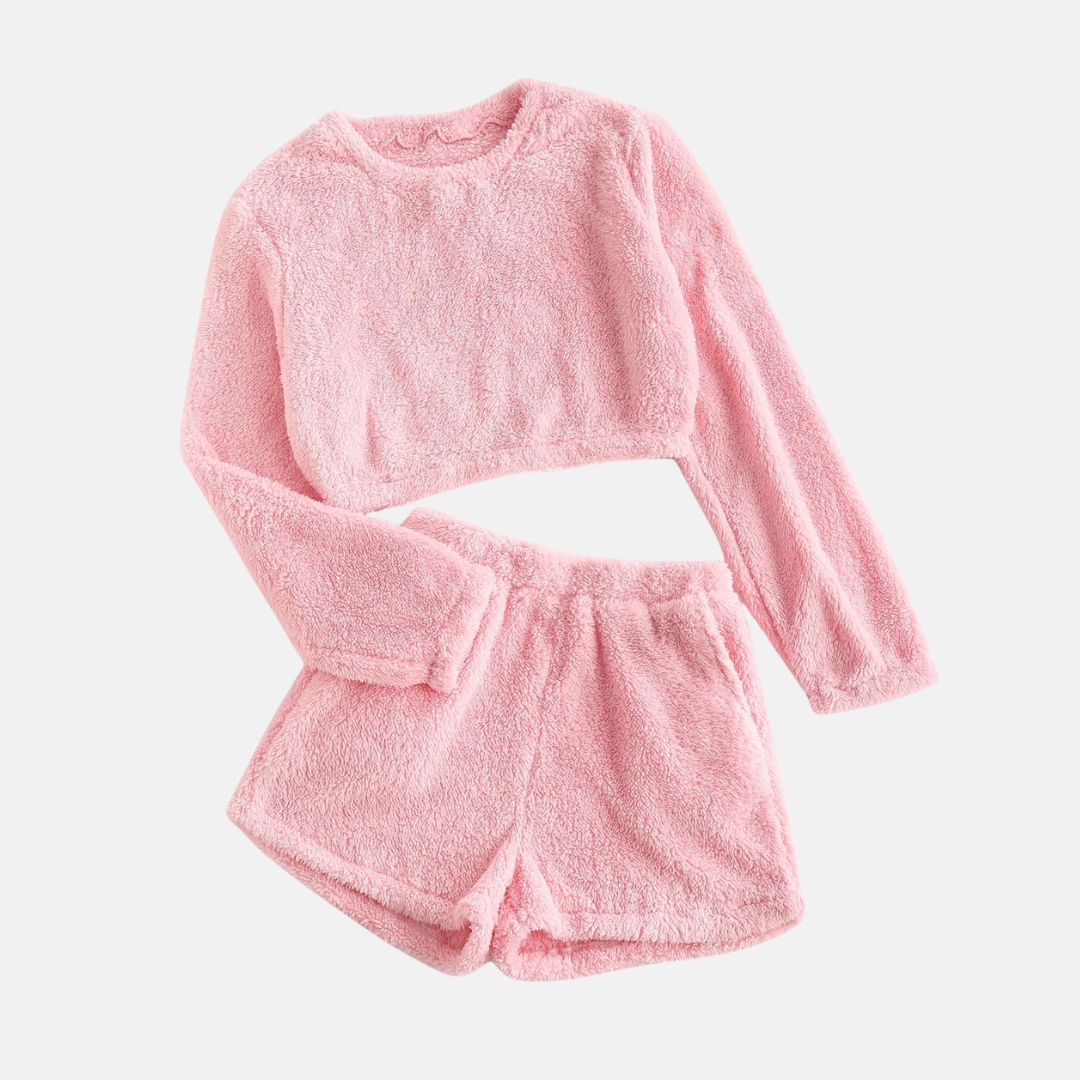Women's textured plush two-piece loungewear set cropped long sleeve top high-waisted shorts