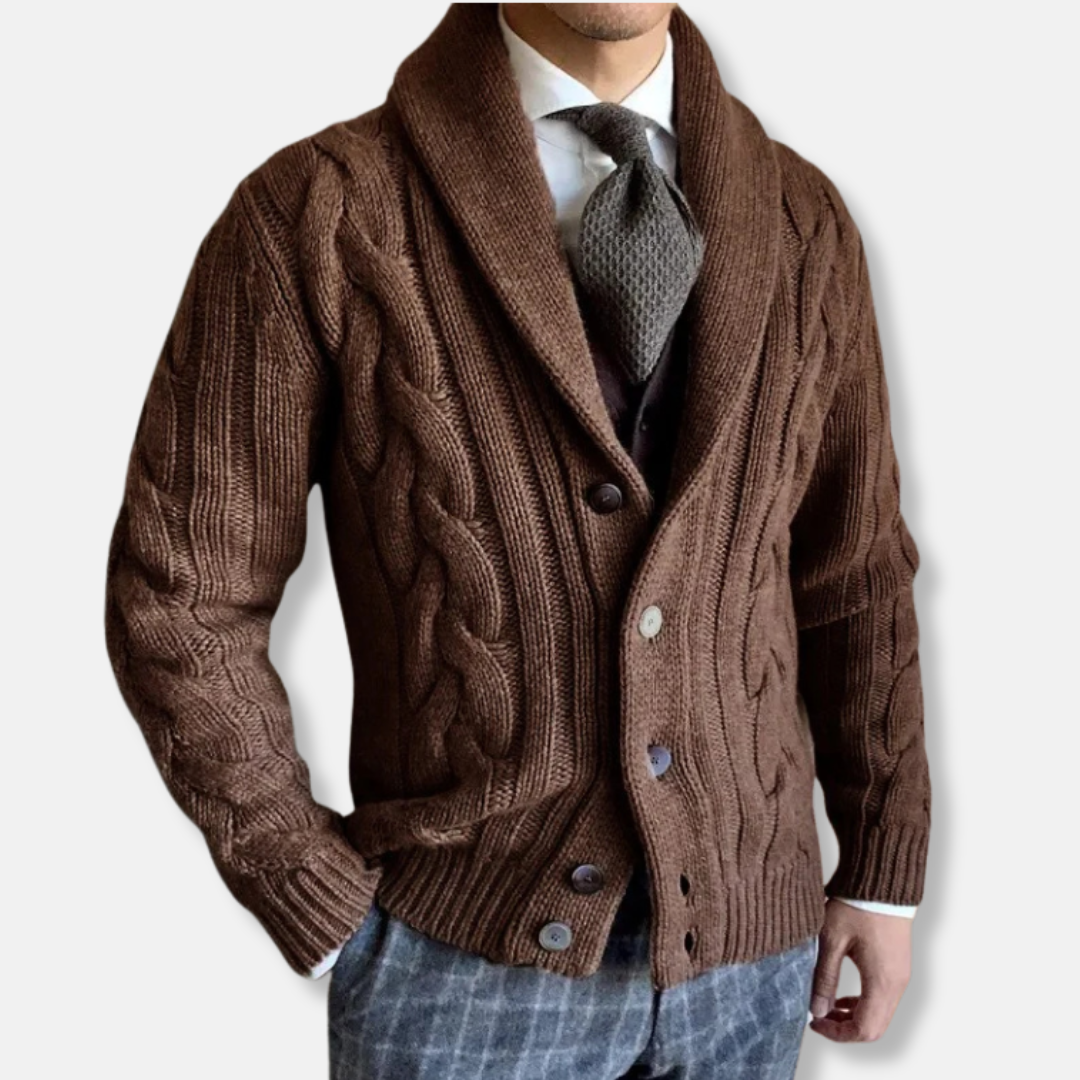 Men's cable knit cardigan shawl lapel collar, regular fit long sleeve wool feel cozy knit