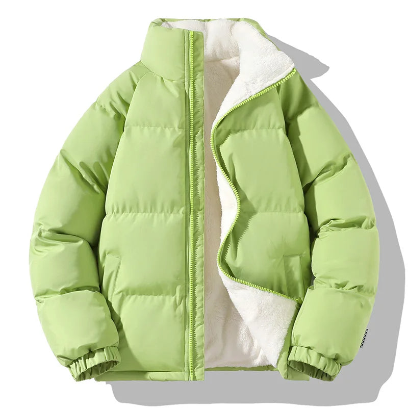 Black relaxed-fit puffer jacket with ultra-soft sherpa fleece lining and wind-resistant exterior