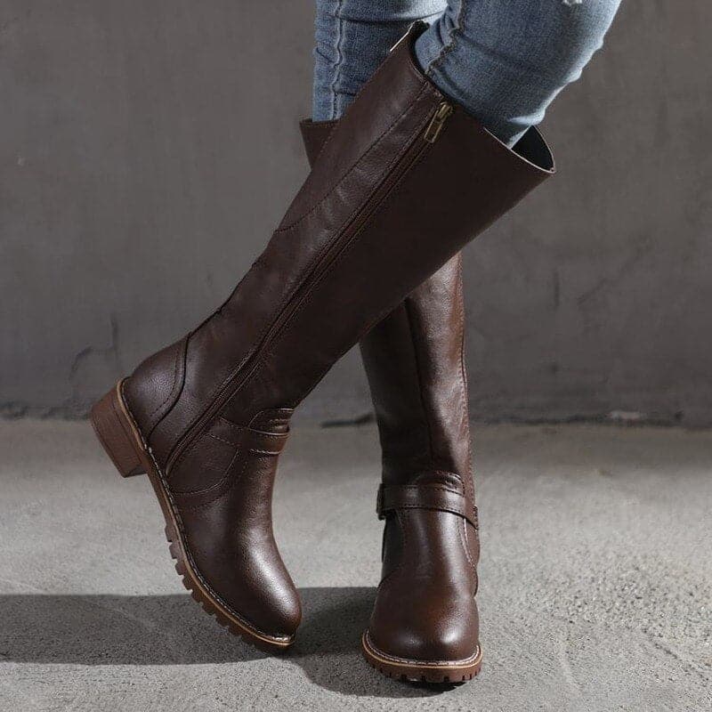 Women's black knee-high boots leather-look low heel side zipper buckle detail classic silhouette