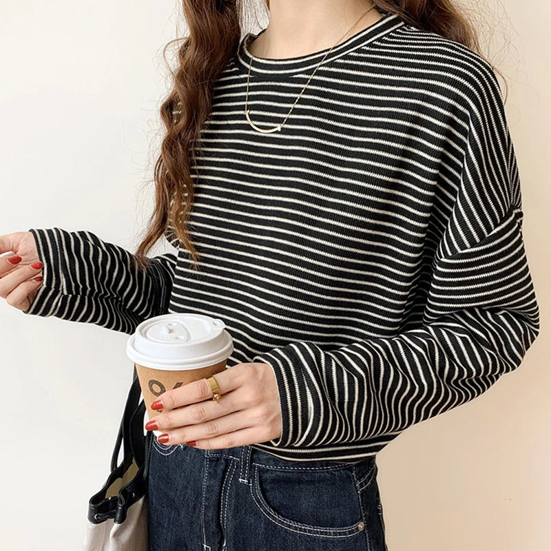 Women's relaxed fit heritage stripe cotton crewneck top, soft breathable 100% cotton everyday layer