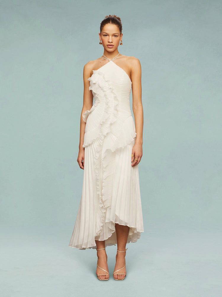 Avery women's asymmetric pleated maxi dress one-shoulder neckline elegant evening gown