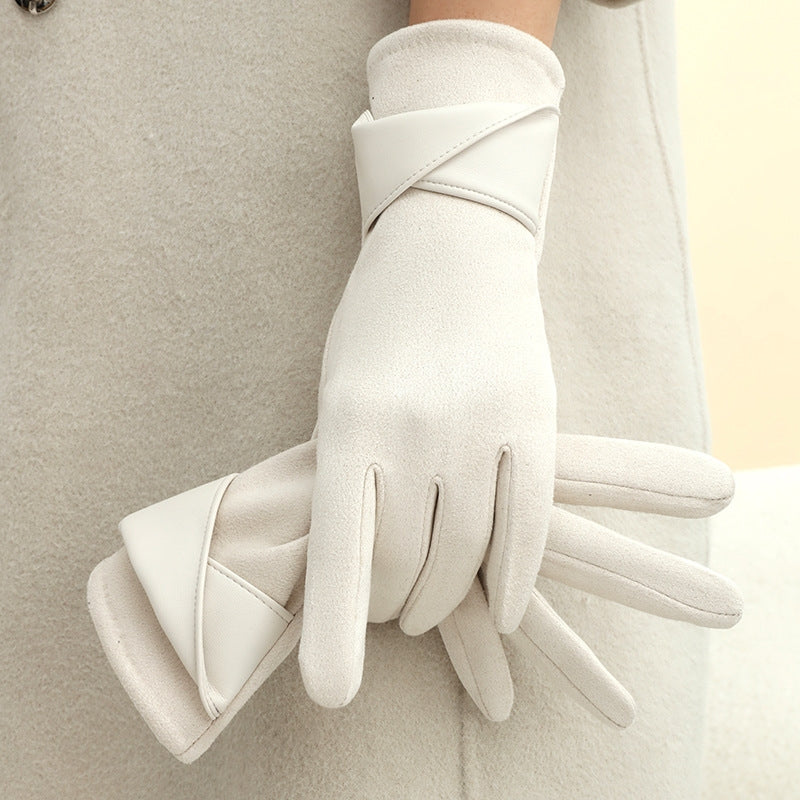 Women's black suede touchscreen gloves with plush velvet lining for cold weather warmth
