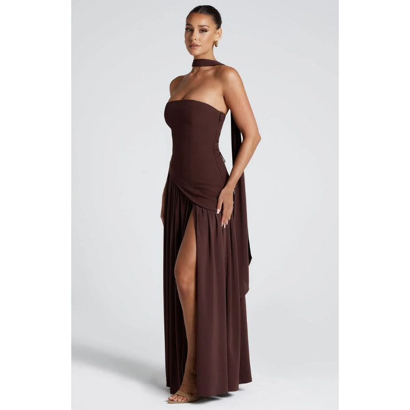Black strapless full-length evening gown with asymmetric waist seam and collarbone-enhancing neckline