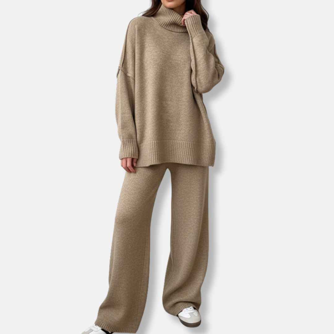 Women's chunky knit two-piece set oversized turtleneck sweater cozy coordinated fall winter look