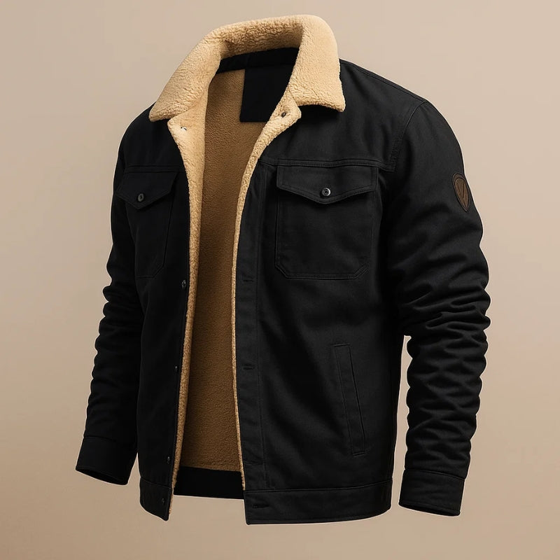 Men's sherpa lined jacket windproof cotton shell multi-pocket outdoor warmth in neutral tone