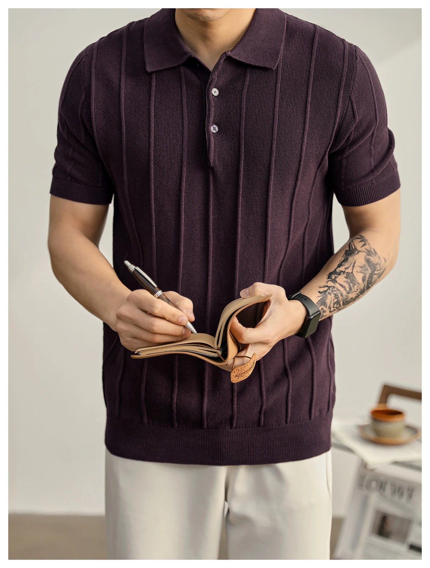 Men's textured knit polo shirt with sculpted vertical ribbing in breathable combed cotton casual style