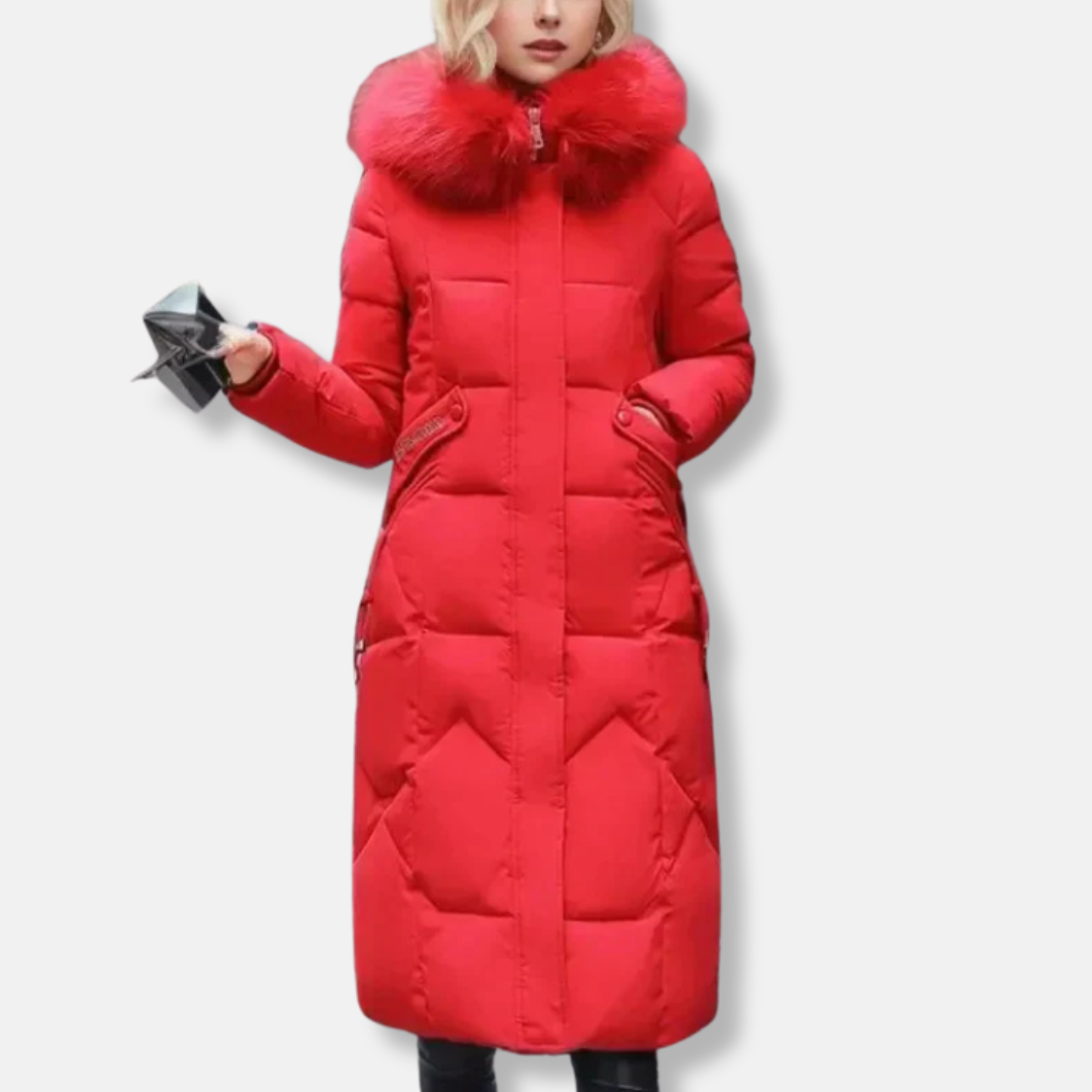 Women's long quilted padded coat slim fit full-length silhouette with detachable faux fur collar