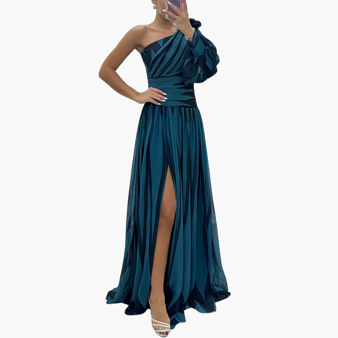 Striped one-shoulder maxi dress with side slit, relaxed-fit elegant evening gown for women