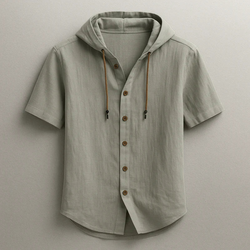 Unisex linen hoodie shirt in neutral tones, lightweight cotton-linen blend with drawstring hood and curved hem