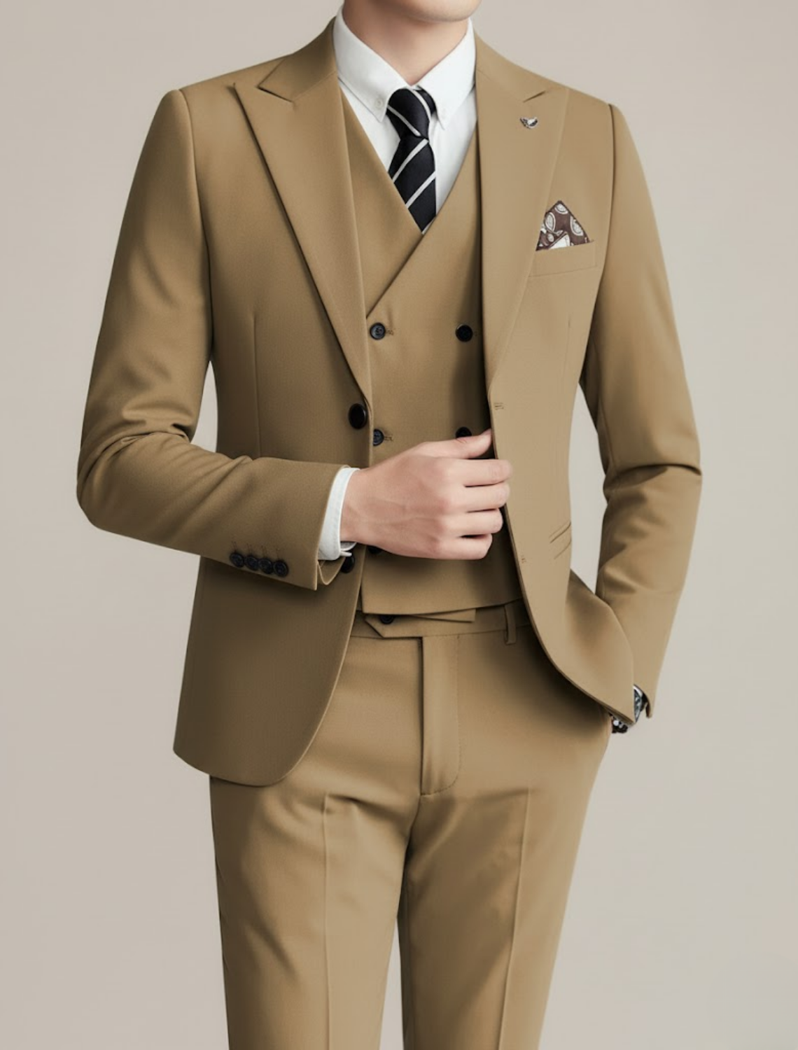Men's navy three-piece tailored suit double-breasted waistcoat blazer tapered trousers wedding groom