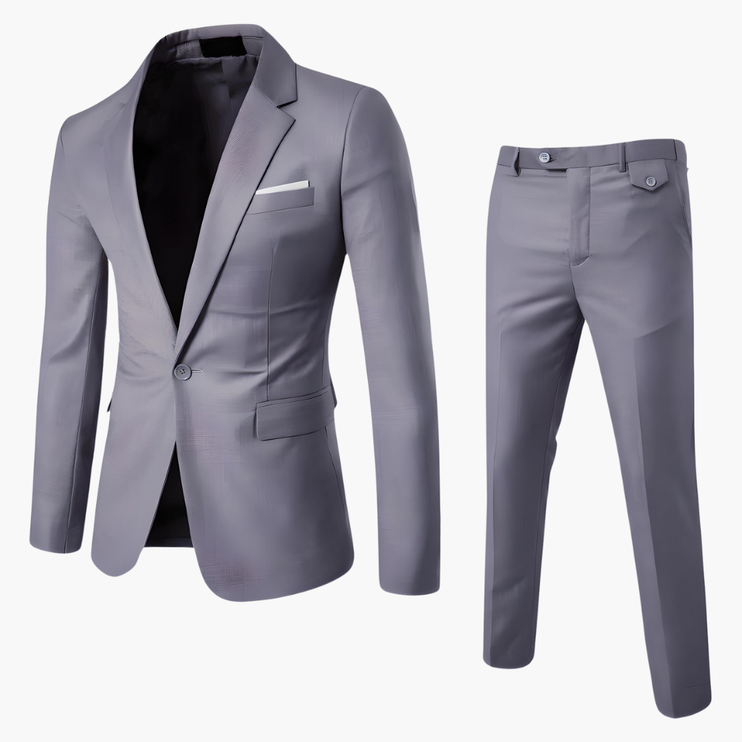 Men's slim fit navy suit set with single-button blazer and tailored trousers for professional wear