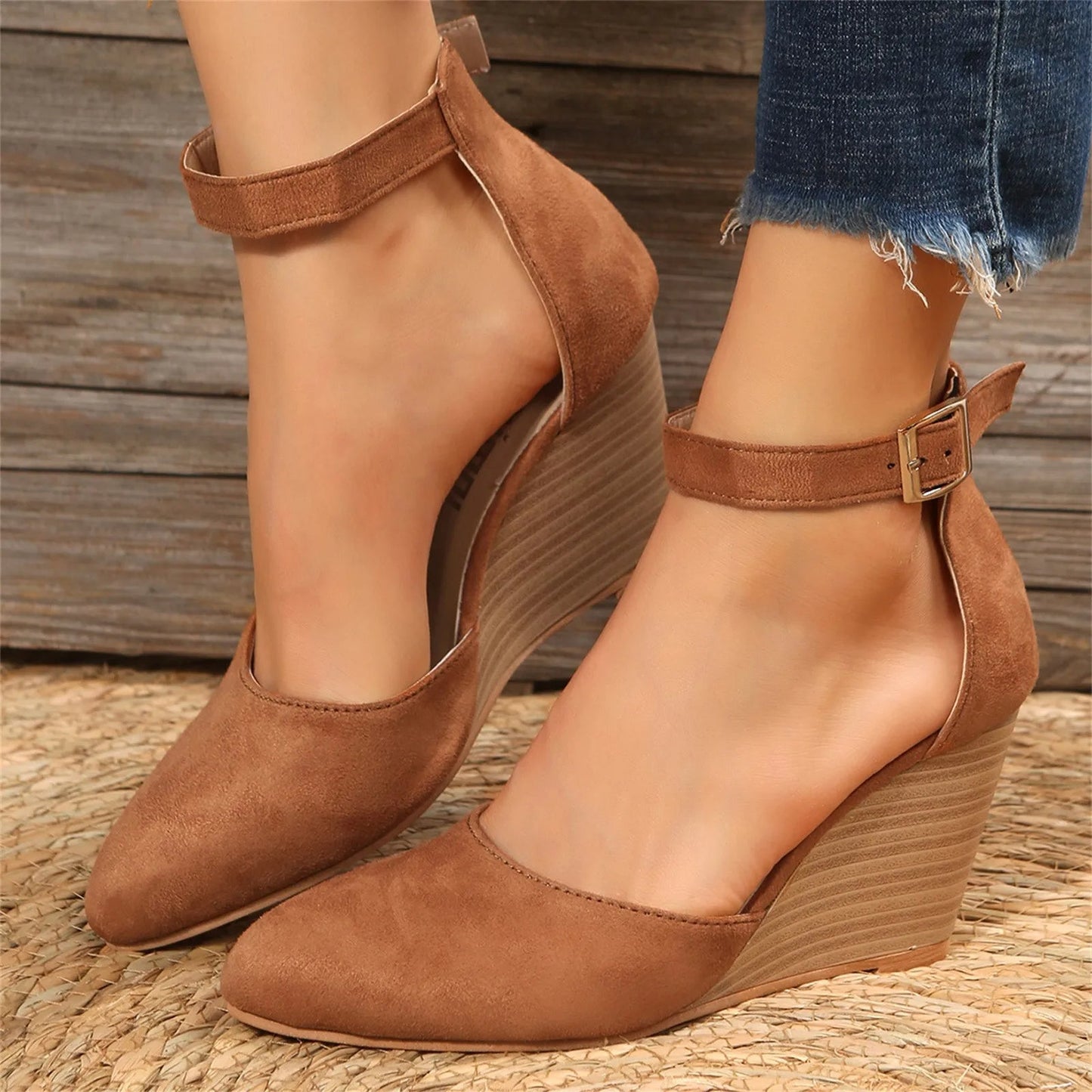 Women's suede wedge heel closed-toe ankle strap shoe with leg-lengthening wood-grain sculpted sole