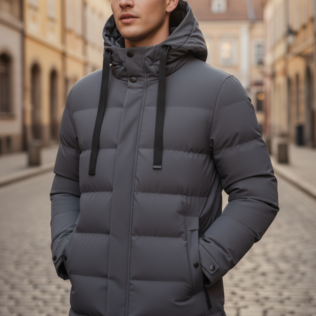 Men's mid-length quilted down jacket with adjustable hood in green, gray, or black