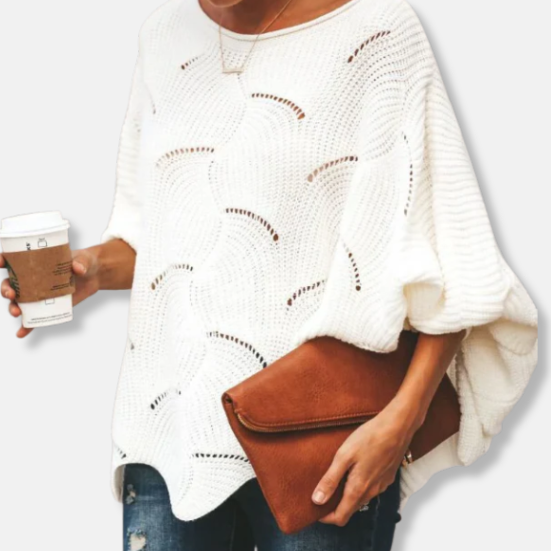 Women's relaxed fit batwing sleeve sweater, boat neck open knit wavy hem, effortless casual style