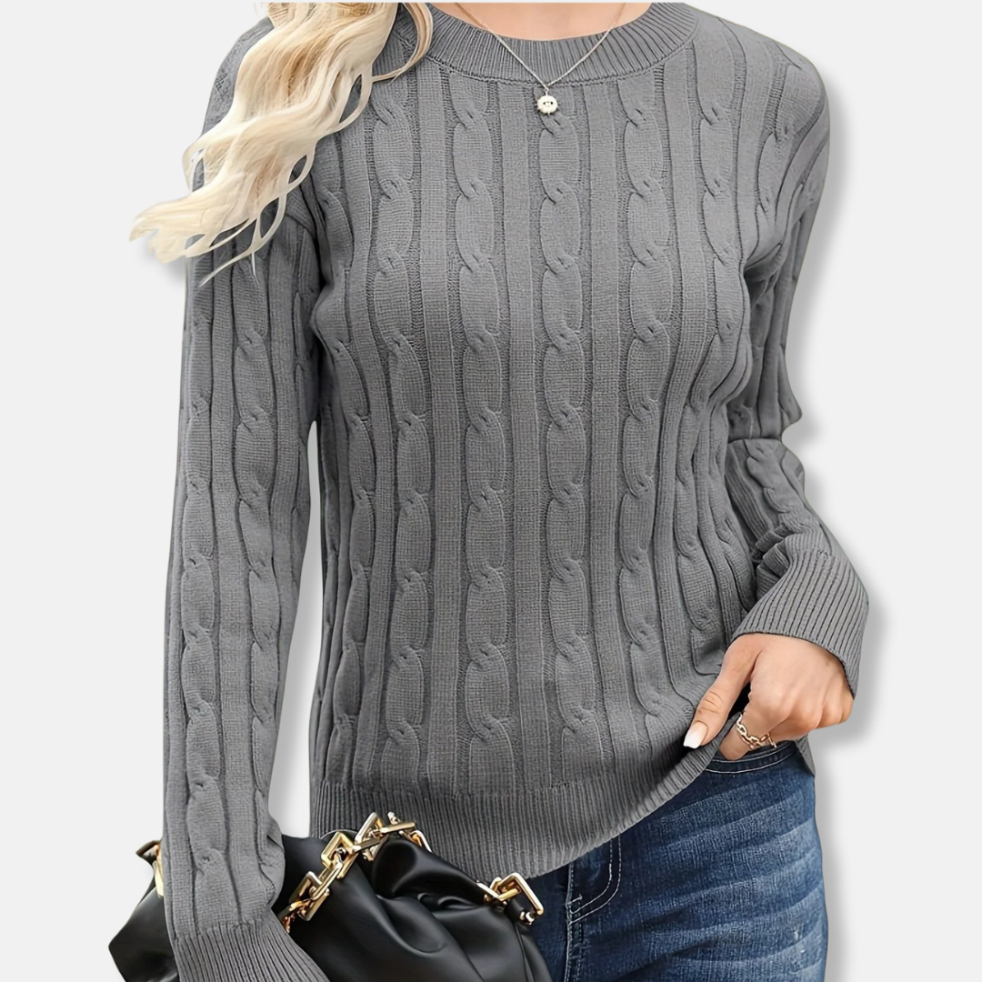 Women's wool blend crew neck sweater fine gauge cable knit pattern relaxed hip-length smart casual