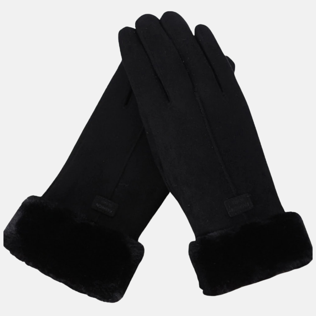 Women's slim-fit suede-like gloves with faux fur cuffs and touchscreen-compatible fingertips