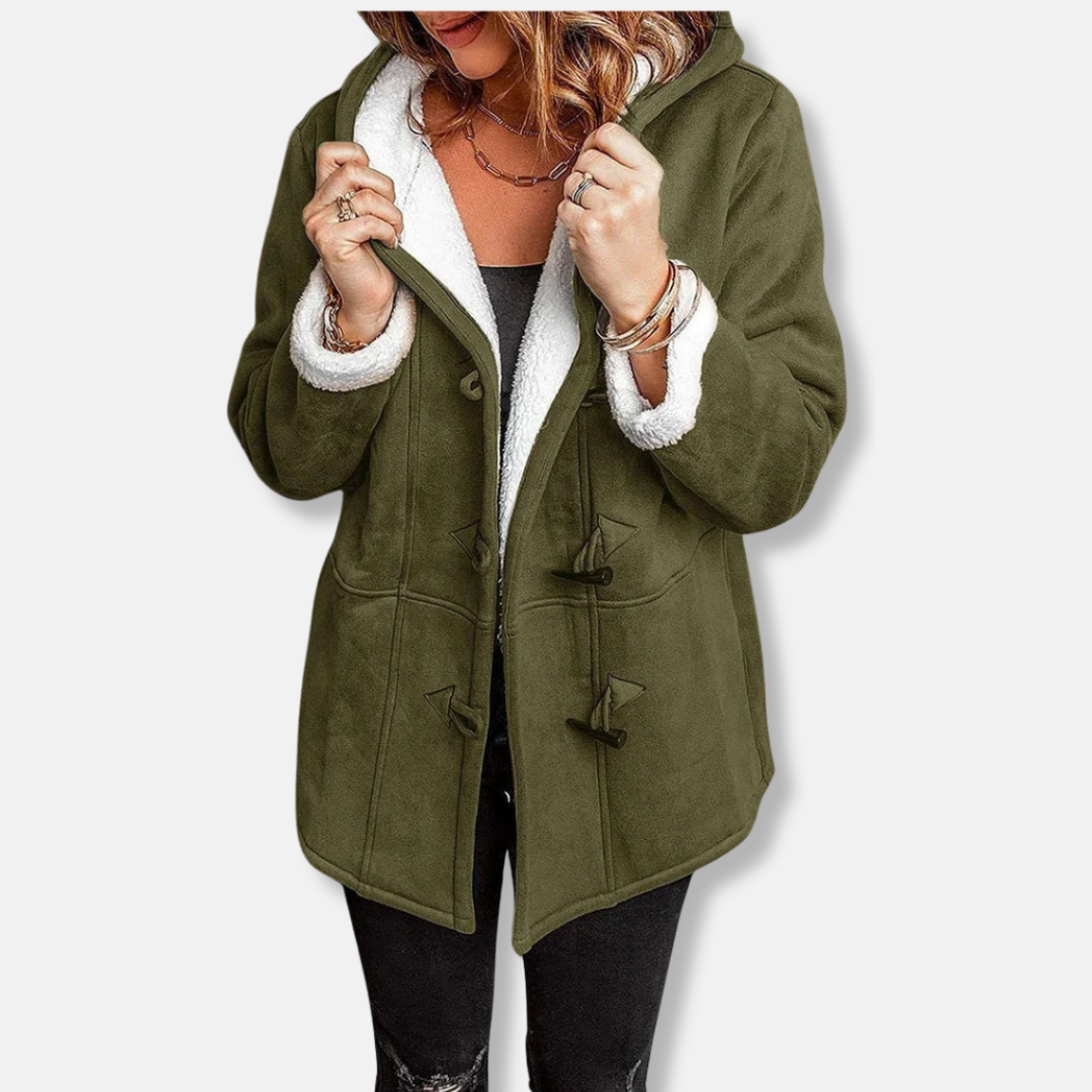 Women's fleece hoodie jacket toggle closure relaxed mid-length cozy casual warm layering piece