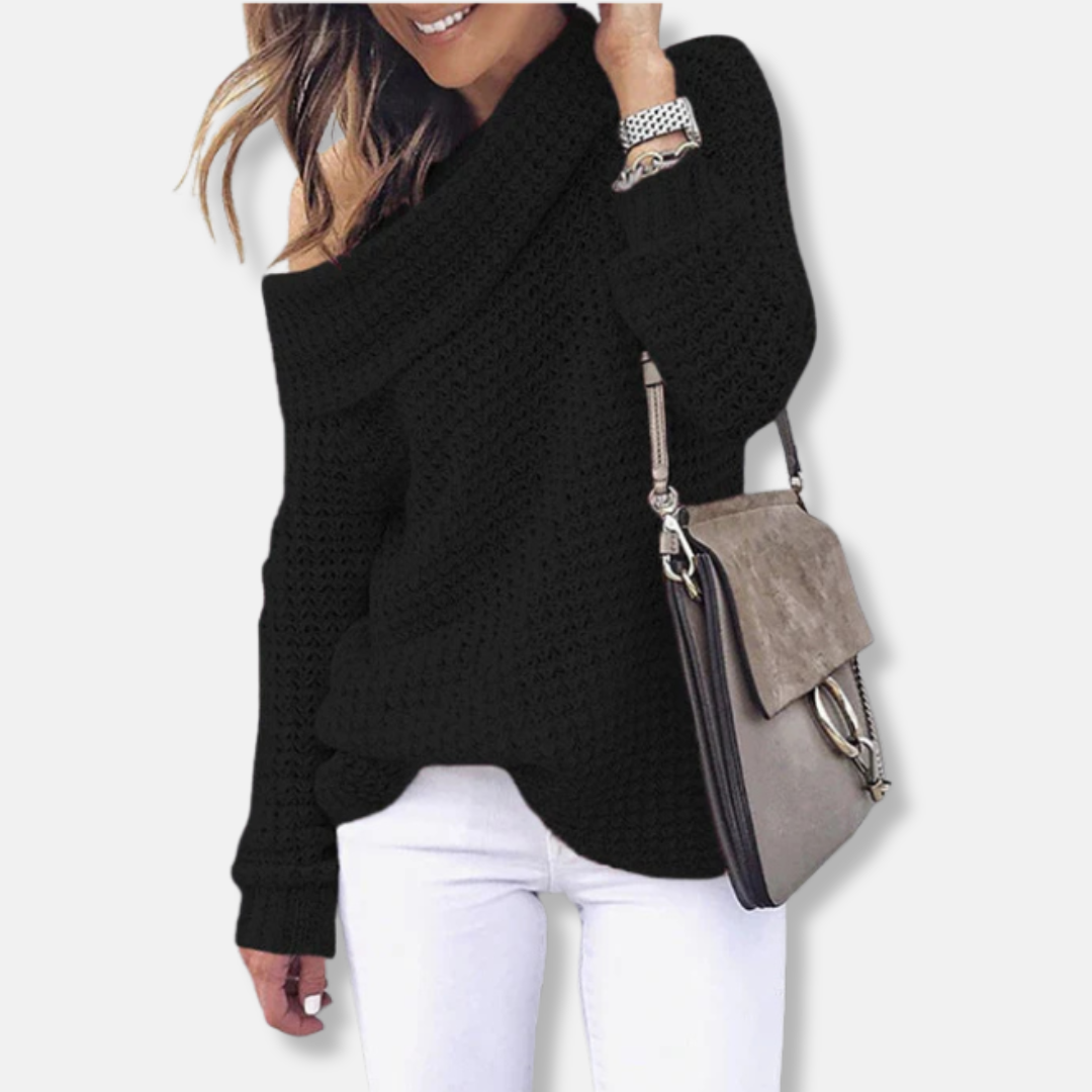 Women's oversized knit sweater off-shoulder draped neckline relaxed chic fit neutral tone