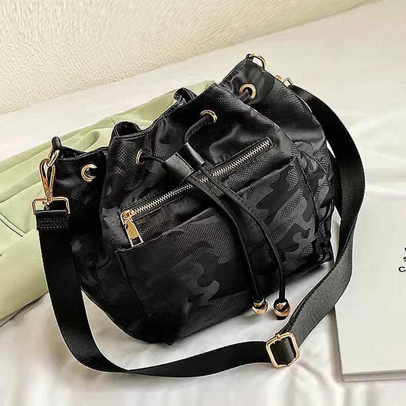Vanta camo bucket bag women water-resistant nylon crossbody with high-capacity interior