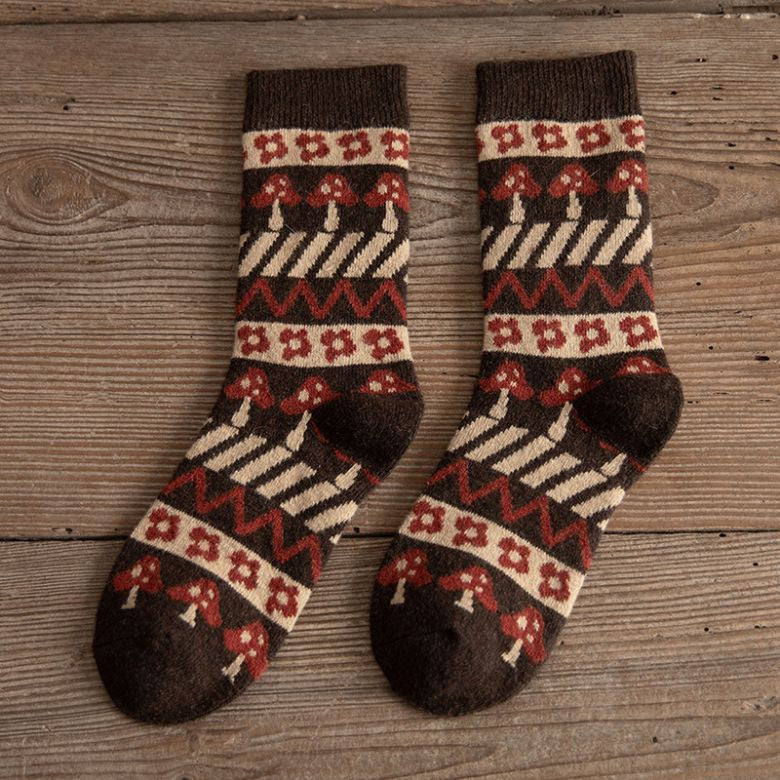 Women's crew socks mushroom floral print whimsical pattern cozy winter knit comfort fit