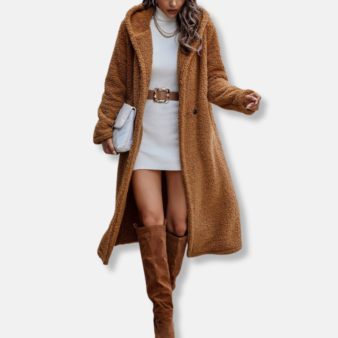 Women's long hooded plush coat relaxed fit notched lapel soft texture warm winter outerwear