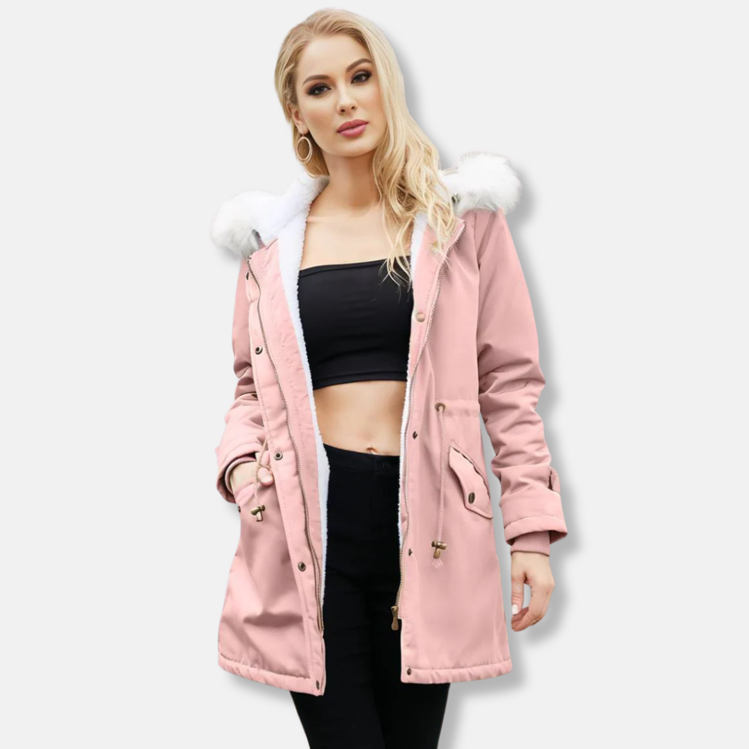 Women's winter parka jacket relaxed mid-thigh fit with detachable faux fur trim, smooth woven shell