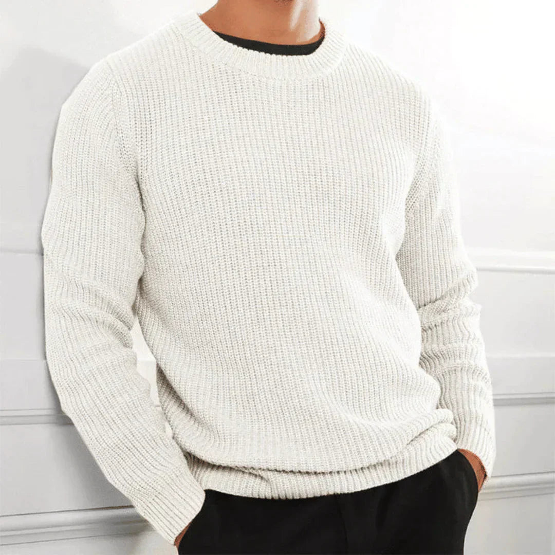 Men's classic knit crew neck winter sweater with ribbed cuffs, timeless warm everyday style
