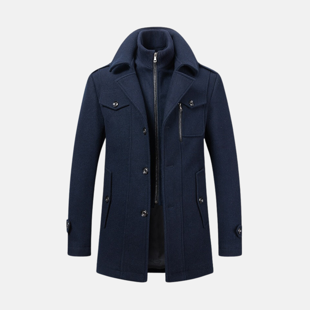 Men's slim-fit wool blend coat mid-thigh length with double collar and epaulet details