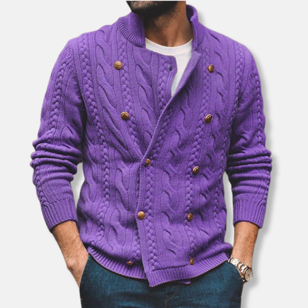 Men's wool blend double-breasted cardigan, regular fit semi-high collar with cable knit pattern