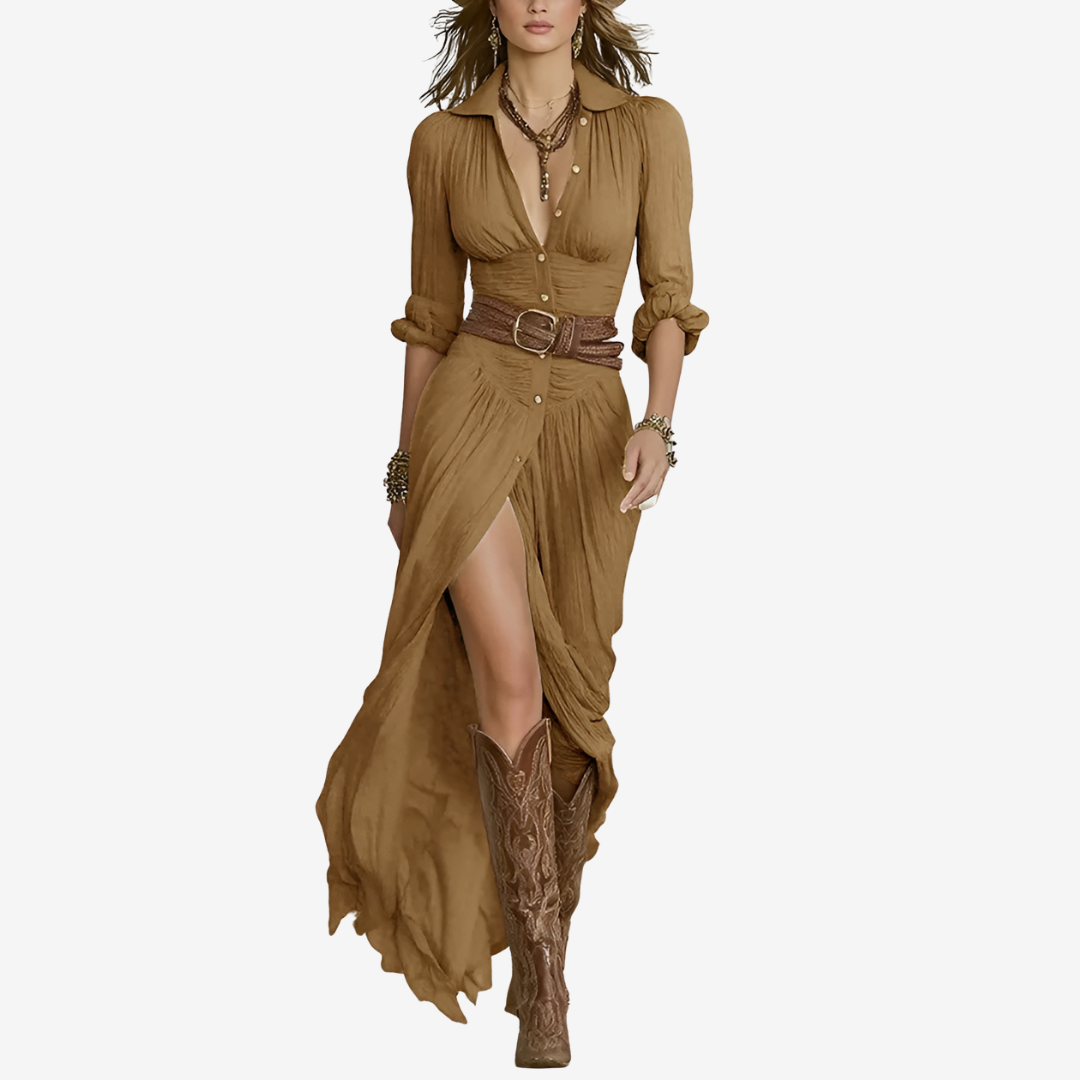 Women's belted button-front maxi gown with waist-defining belt, elegant shirt-style silhouette
