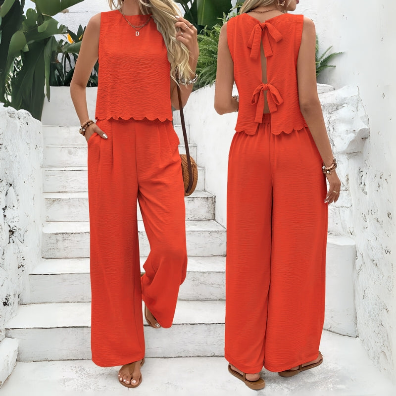 Women's lightweight two-piece set, sleeveless tie-back top with elastic waist bottoms, casual comfort style