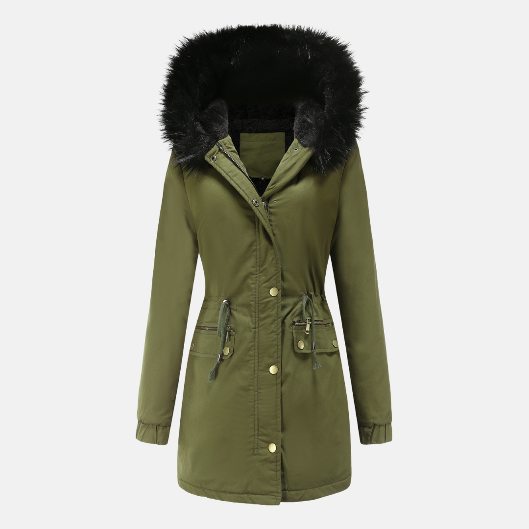 Women's longline parka jacket adjustable waist faux fur hood weather-resistant cozy winter coat
