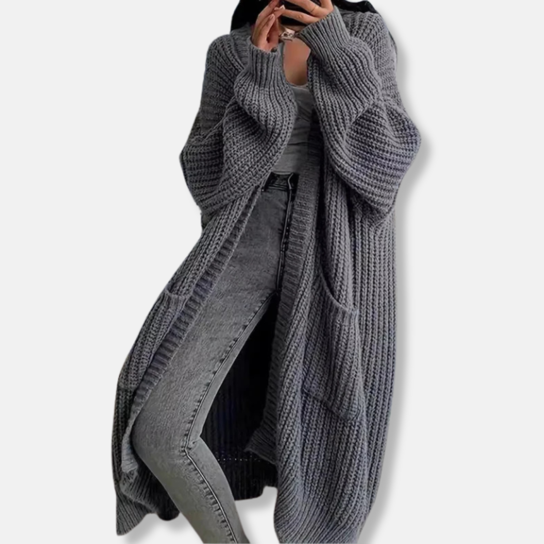 Women's ribbed knit oversized maxi cardigan open front with pockets cozy layering essential