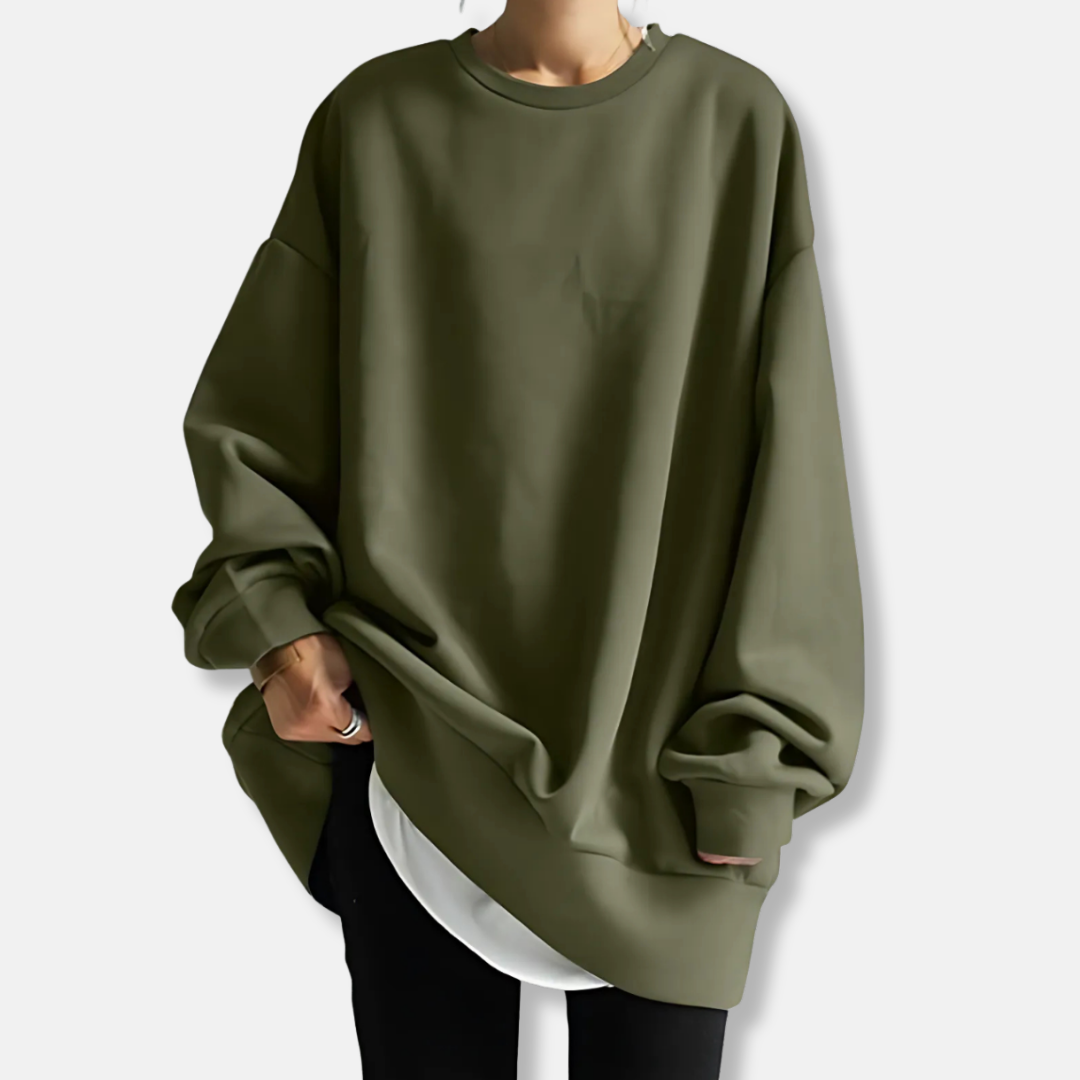 Women's soft knit oversized tunic-length sweatshirt in neutral tones, relaxed fit for effortless layering