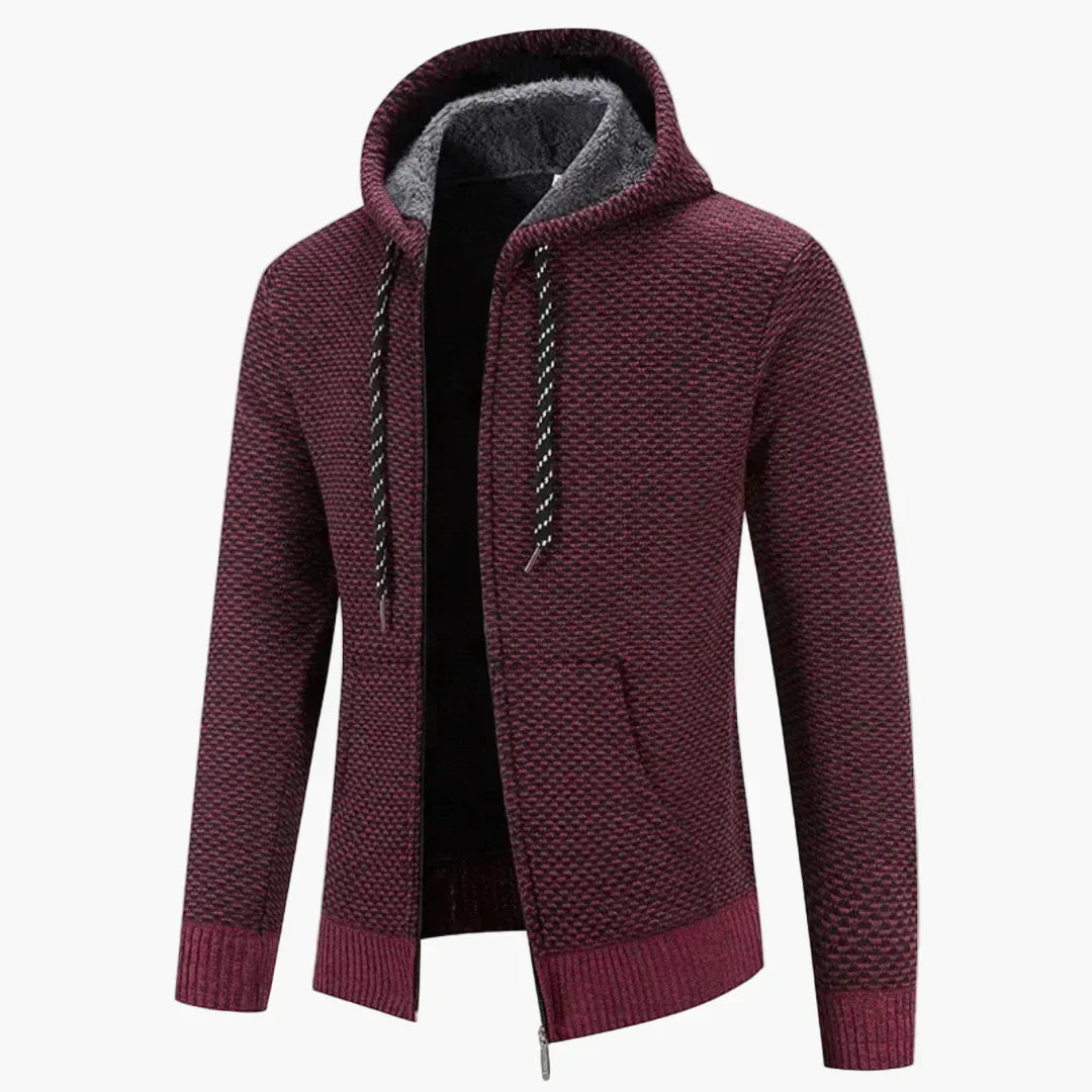 Men's gray knitted hooded zip-up jacket with warm lining, sporty casual style for winter